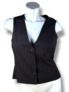 INC International Black Thin Pinstripe Button Front Vest with Darting in Size 8